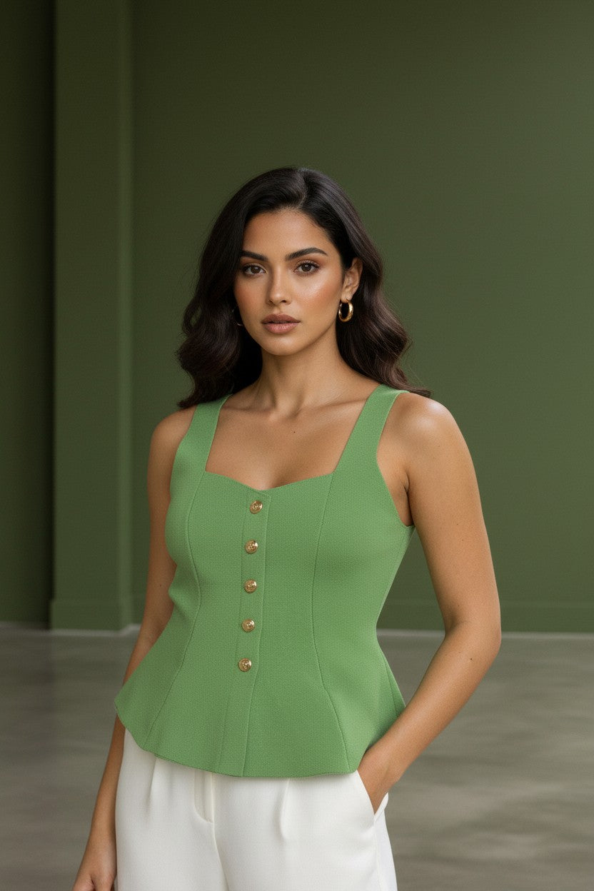 Sweater sin mangas estilo peplum con botones dorados
