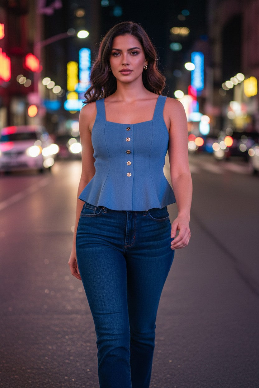 Sweater sin mangas estilo peplum con botones dorados