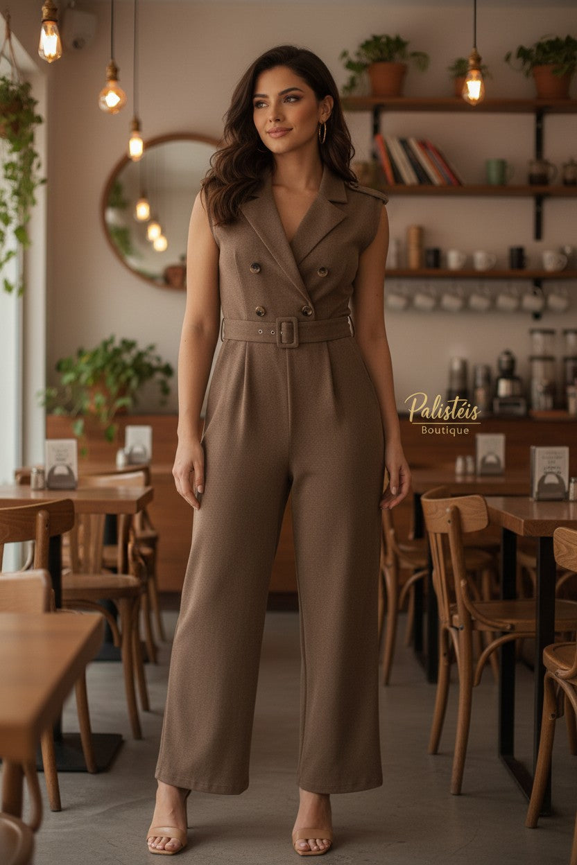 Double-breasted Notch Belted Jumpsuit