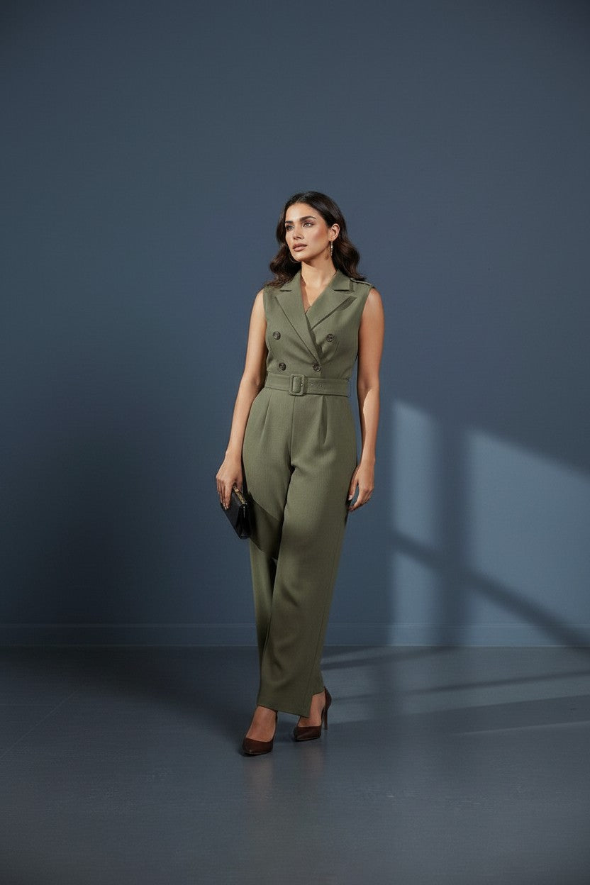 Double-breasted Notch Belted Jumpsuit