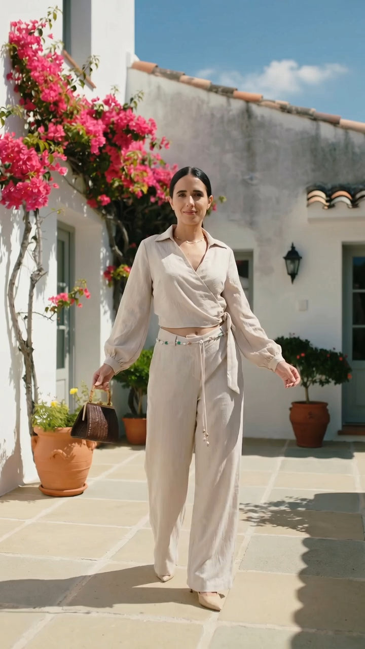 Long Sleeve Collar Wrap Tie Top and Pants with Beads Belt Set