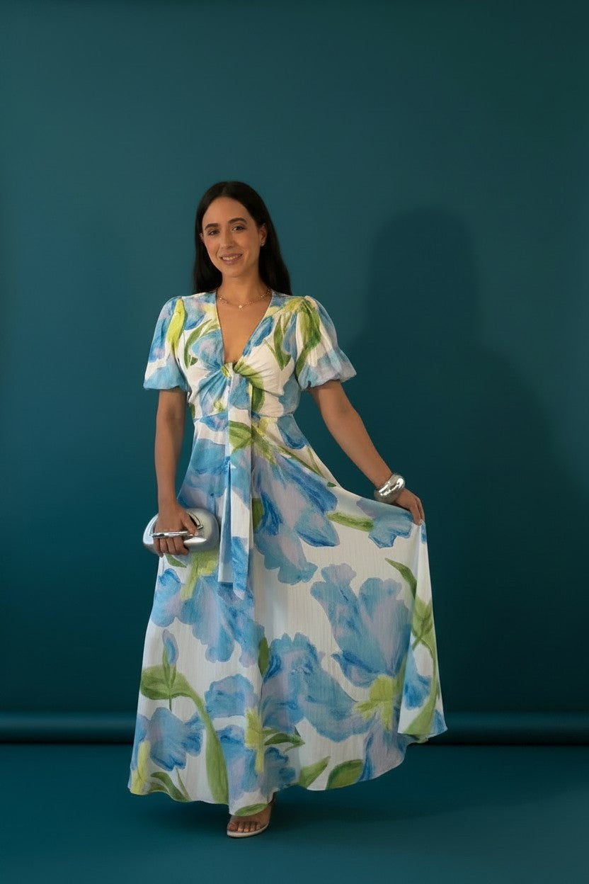 Printed Short Sleeve with Front Tie Maxi Dress