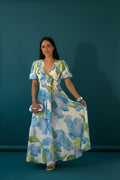 Printed Short Sleeve with Front Tie Maxi Dress