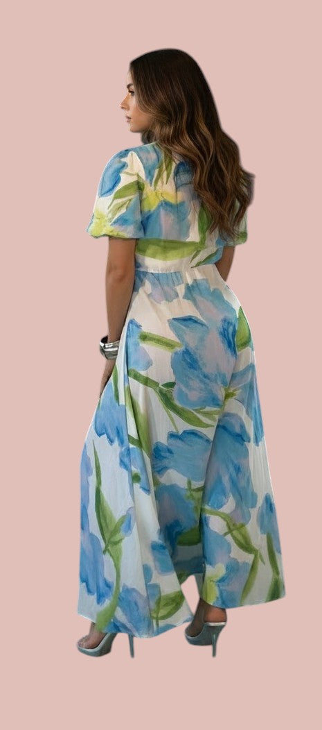 Printed Short Sleeve with Front Tie Maxi Dress