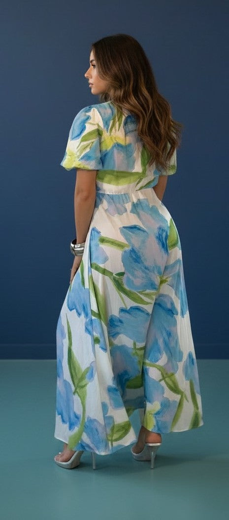Printed Short Sleeve with Front Tie Maxi Dress