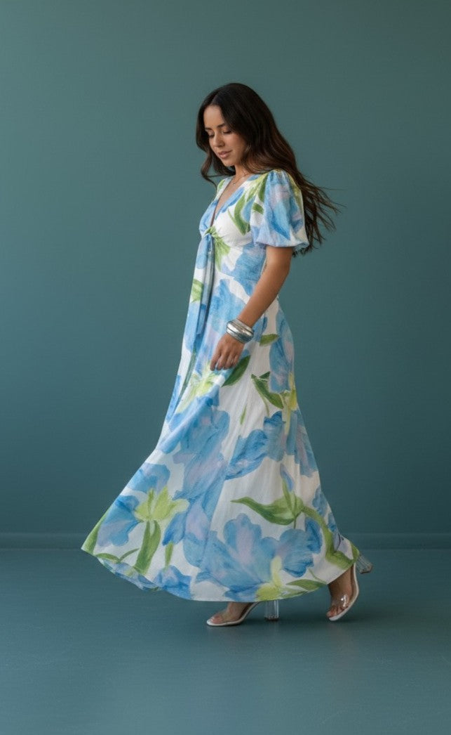 Printed Short Sleeve with Front Tie Maxi Dress