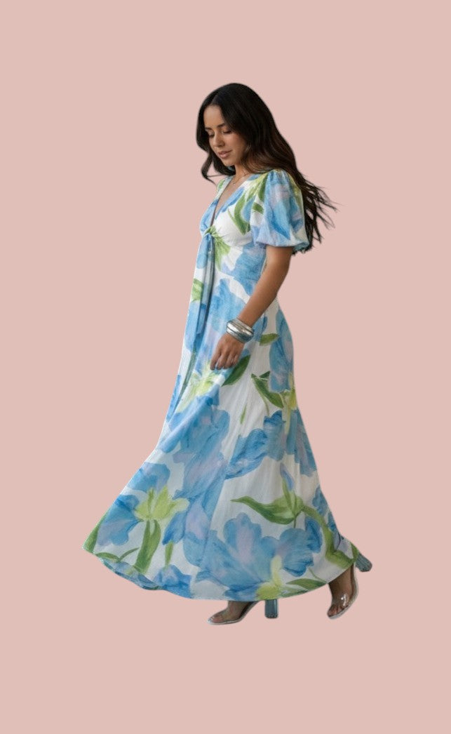 Printed Short Sleeve with Front Tie Maxi Dress