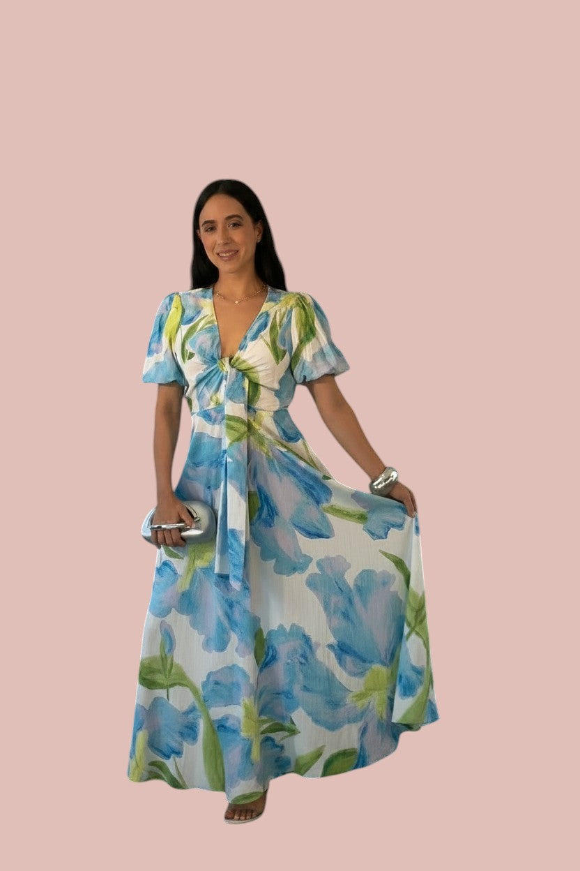 Printed Short Sleeve with Front Tie Maxi Dress