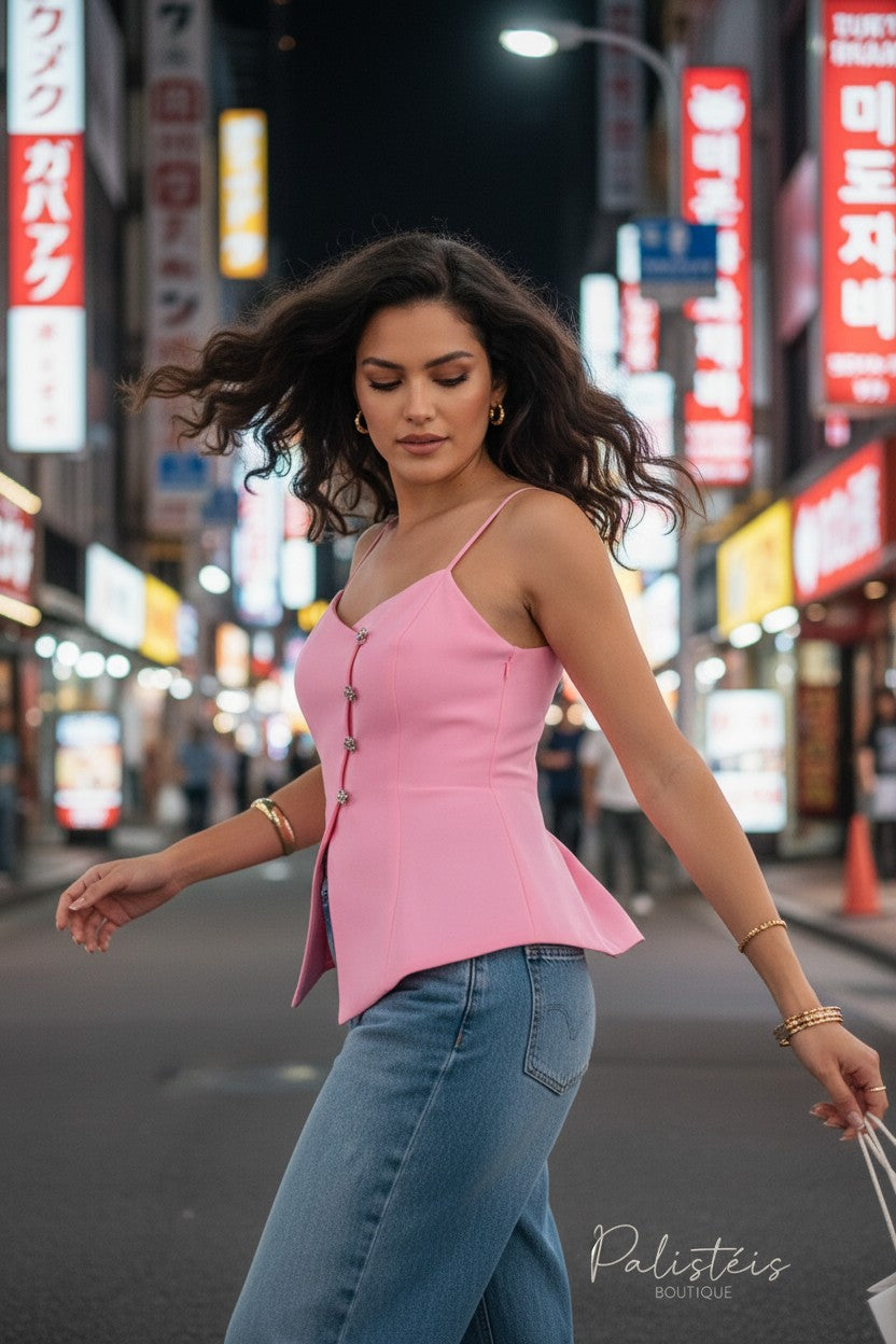 Blusa Asimétrica con Botones Decorativos – Elegancia Moderna con Toque Sofisticado