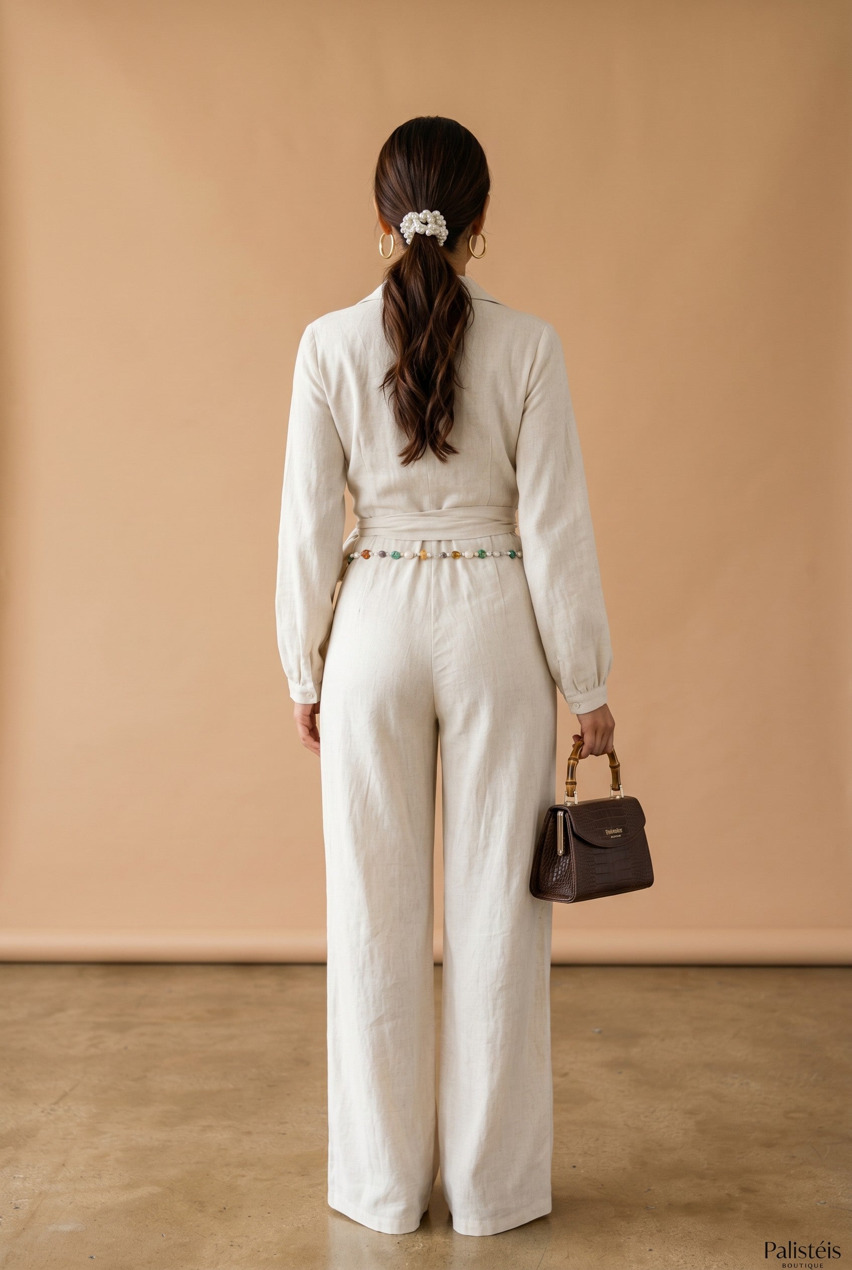 Long Sleeve Collar Wrap Tie Top and Pants with Beads Belt Set
