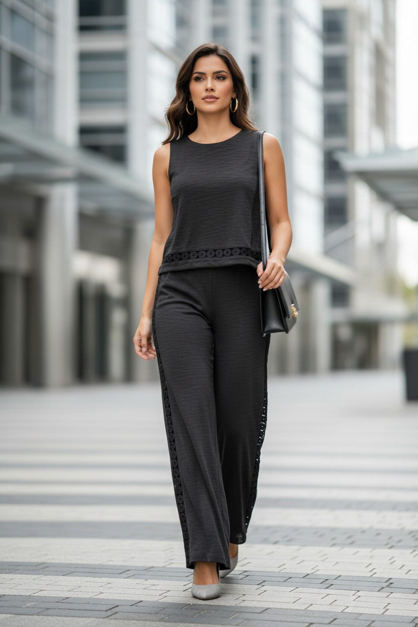 Set de blusa sin mangas con detalle de encaje y pantalón a juego
