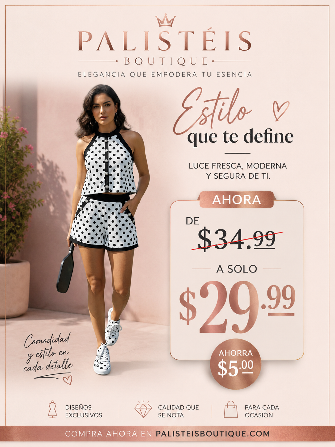 Set halter con botones decorativos y shorts en polka dots