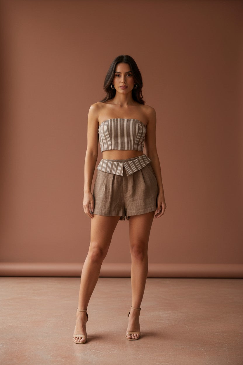 Stripes Tube Top And Folded Waist Shorts Set