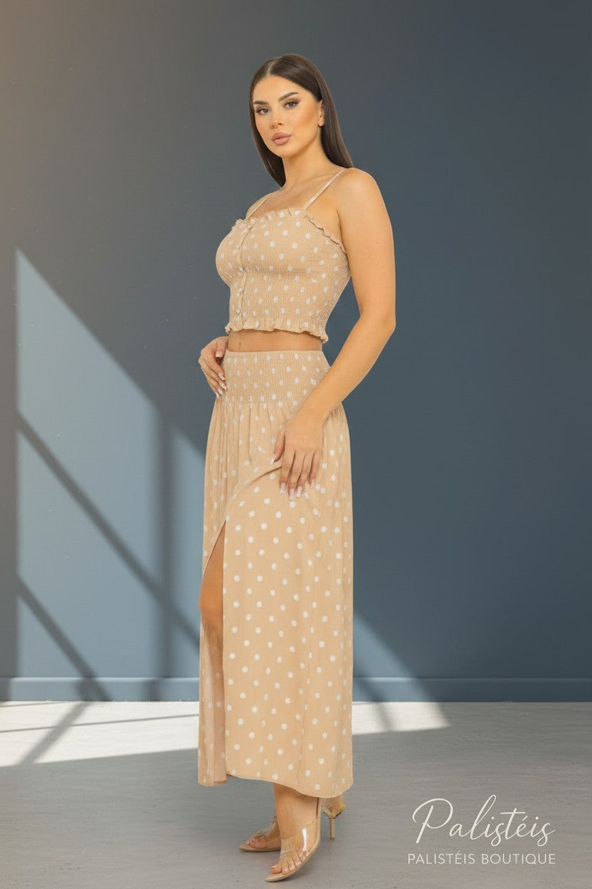 Polka Dots Smocking Front Fake Buttons Top And Skirt Set