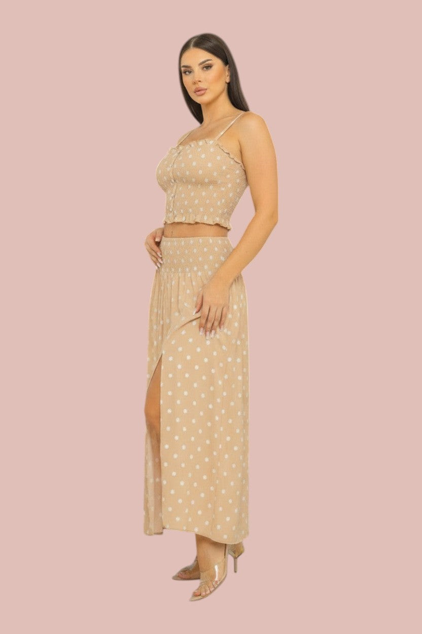 Polka Dots Smocking Front Fake Buttons Top And Skirt Set