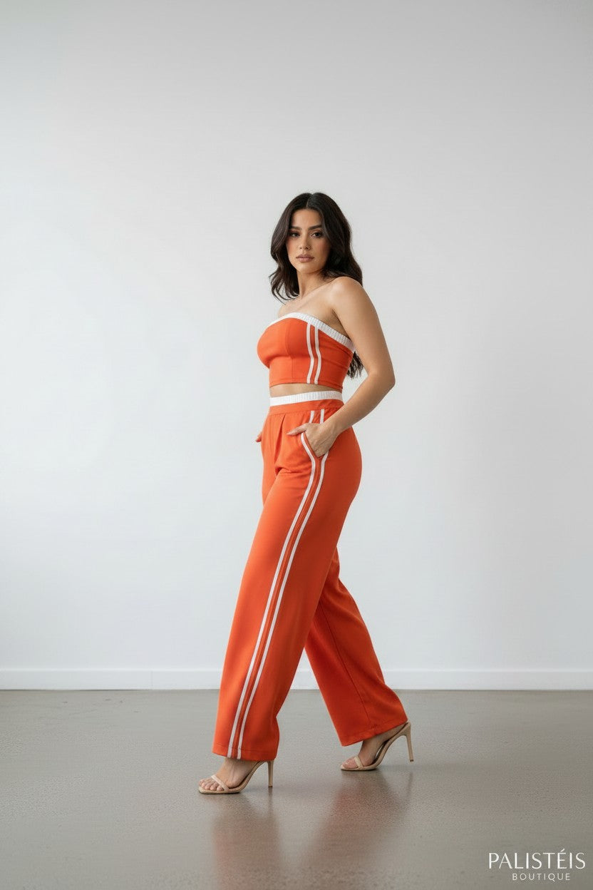 Set con top de banda elástica y pantalón con stripe contrast